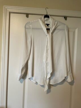 Ann Taylor White Tie-Neck Long Sleeve Blouse